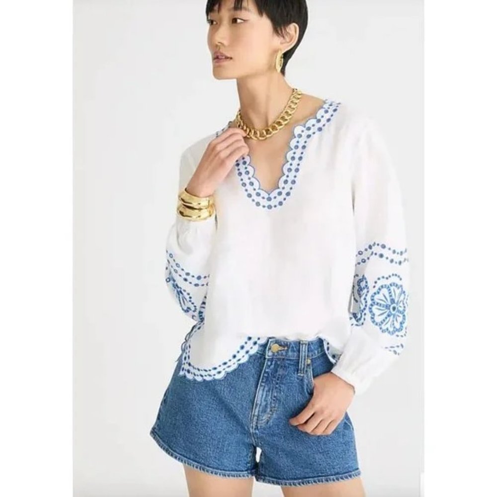 NEW J. Crew Embroidered White Blue Summer Linen Tunic Top P1487